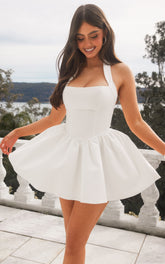 Halter Tie Neck Corset Panel Dress in White