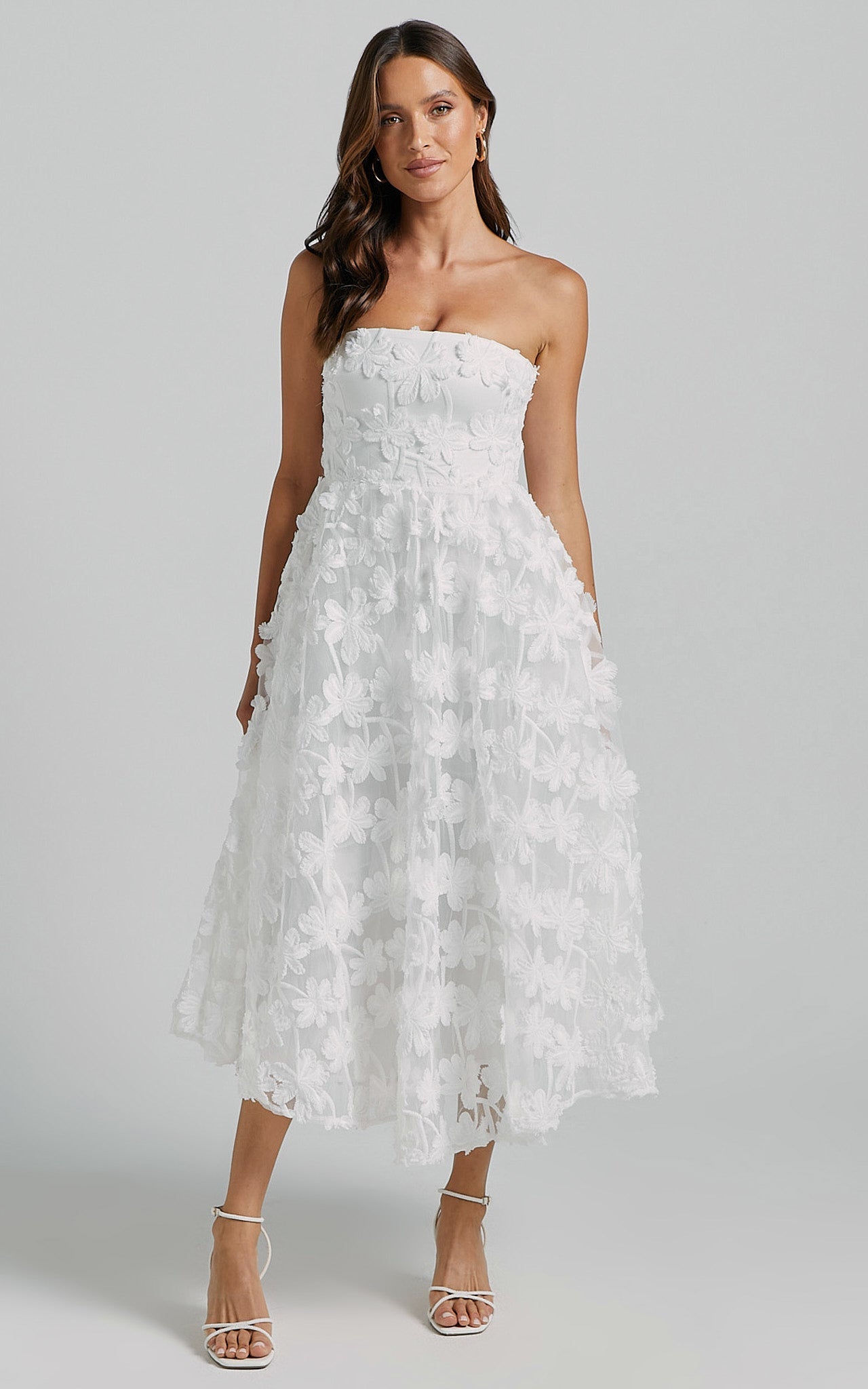 Strapless 3D Embroidery Midi Dress in White - Urban Luxe Apparel