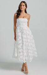 Strapless 3D Embroidery Midi Dress in White - Urban Luxe Apparel