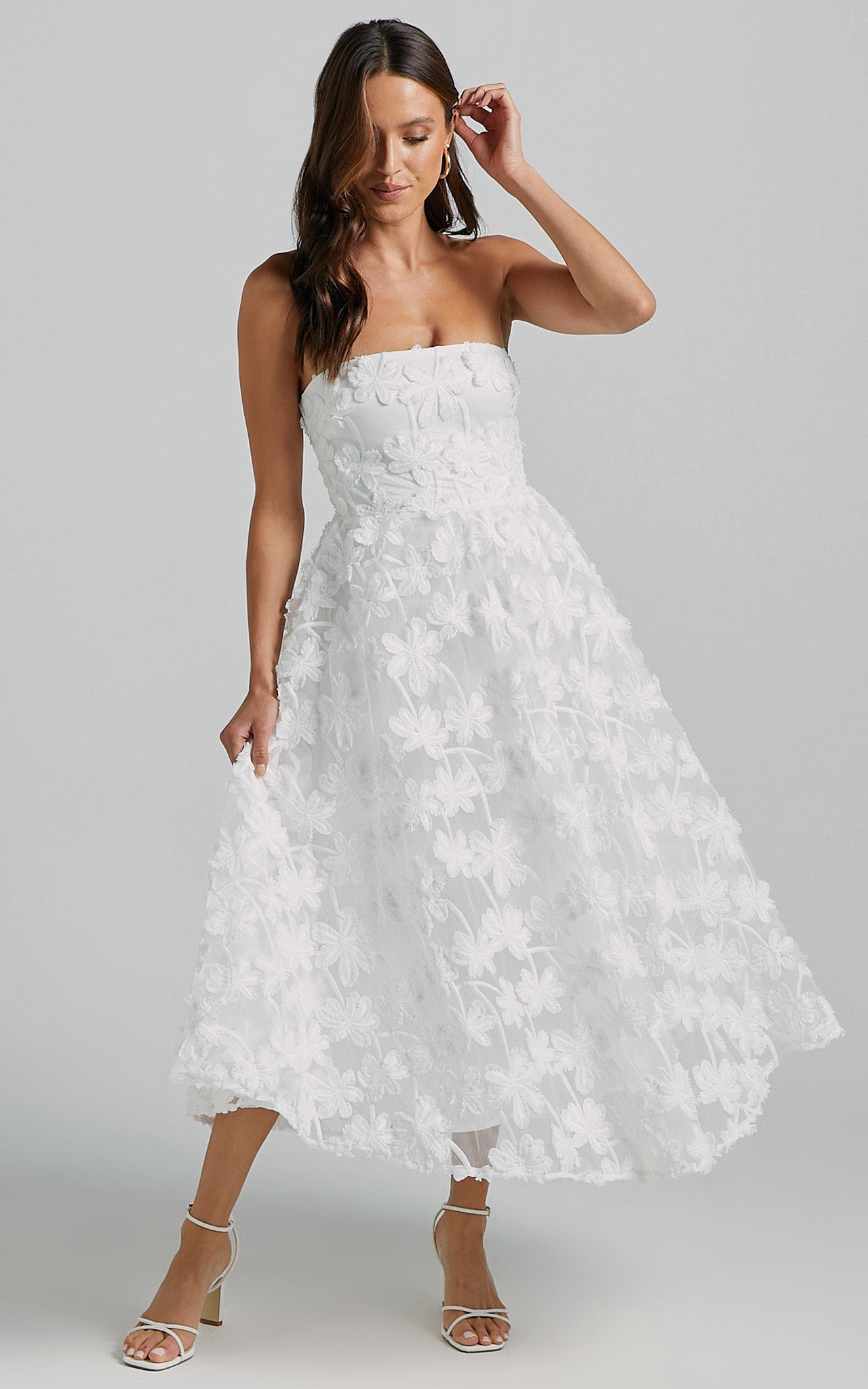 Strapless 3D Embroidery Midi Dress in White - Urban Luxe Apparel