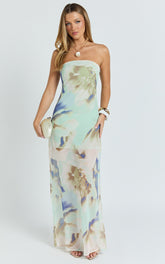 Floral Print Strapless Dress in Aquamarine Floral