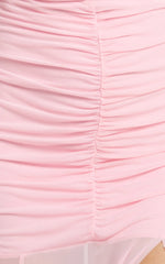 Off Shoulder Ruched Mesh Dress in Pink