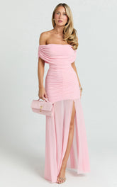 Off Shoulder Ruched Mesh Dress in Pink