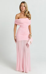Off Shoulder Ruched Mesh Dress in Pink