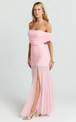 Off Shoulder Ruched Mesh Dress in Pink