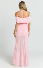 Off Shoulder Ruched Mesh Dress in Pink