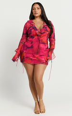 Ruffle Plunge Neck Long Sleeve Tie Detail Dress in Adeana Print