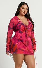 Ruffle Plunge Neck Long Sleeve Tie Detail Dress in Adeana Print