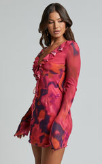 Ruffle Plunge Neck Long Sleeve Tie Detail Dress in Adeana Print