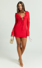 Ruffle Plunge Neck Long Sleeve Tie Detail Dress in Red