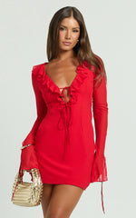 Ruffle Plunge Neck Long Sleeve Tie Detail Dress in Red