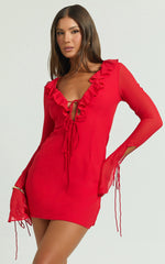 Ruffle Plunge Neck Long Sleeve Tie Detail Dress in Red
