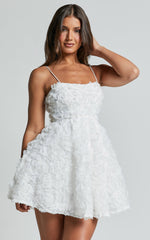 3d Flower Full Skirt Dress in White