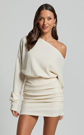 Long Sleeve One Shoulder Dress in Off White