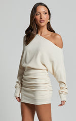 Long Sleeve One Shoulder Dress in Off White