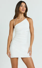 Asymmetric Neck Strapped Back Bias Dress in White