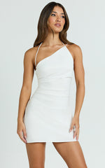 Asymmetric Neck Strapped Back Bias Dress in White