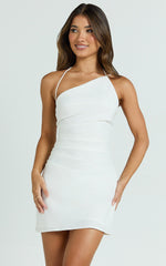 Asymmetric Neck Strapped Back Bias Dress in White
