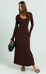 V Neck Long Sleeve Knit Dress in Chocolate - Urban Luxe Apparel