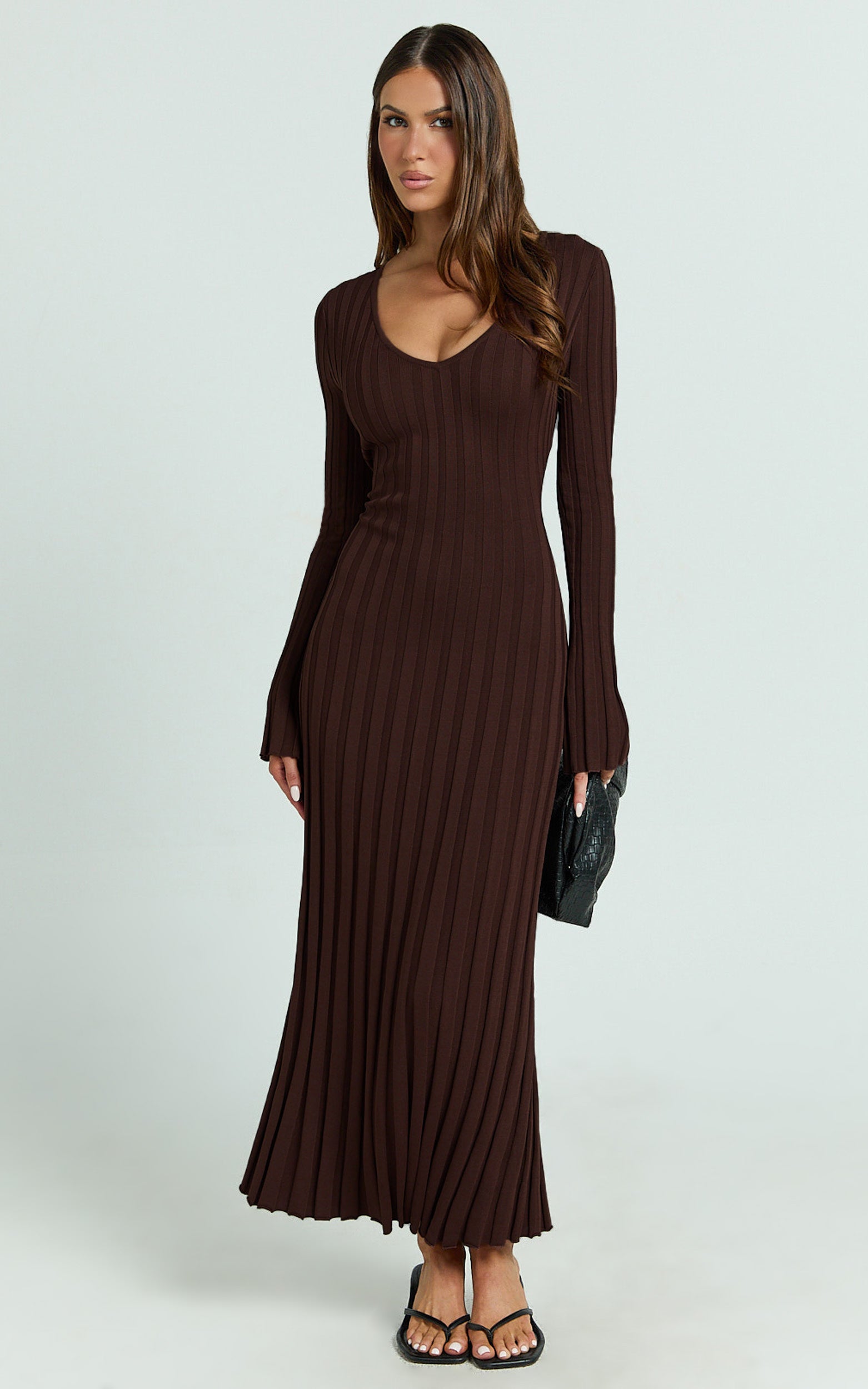 V Neck Long Sleeve Knit Dress in Chocolate - Urban Luxe Apparel