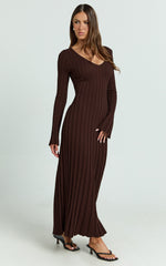 V Neck Long Sleeve Knit Dress in Chocolate - Urban Luxe Apparel