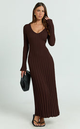 V Neck Long Sleeve Knit Dress in Chocolate - Urban Luxe Apparel