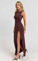 Boat Neck Ruched Fitted Dress in Chocolate