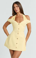Off Shoulder Button Front Tulip Skirt Dress in Lemon