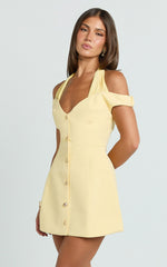 Off Shoulder Button Front Tulip Skirt Dress in Lemon