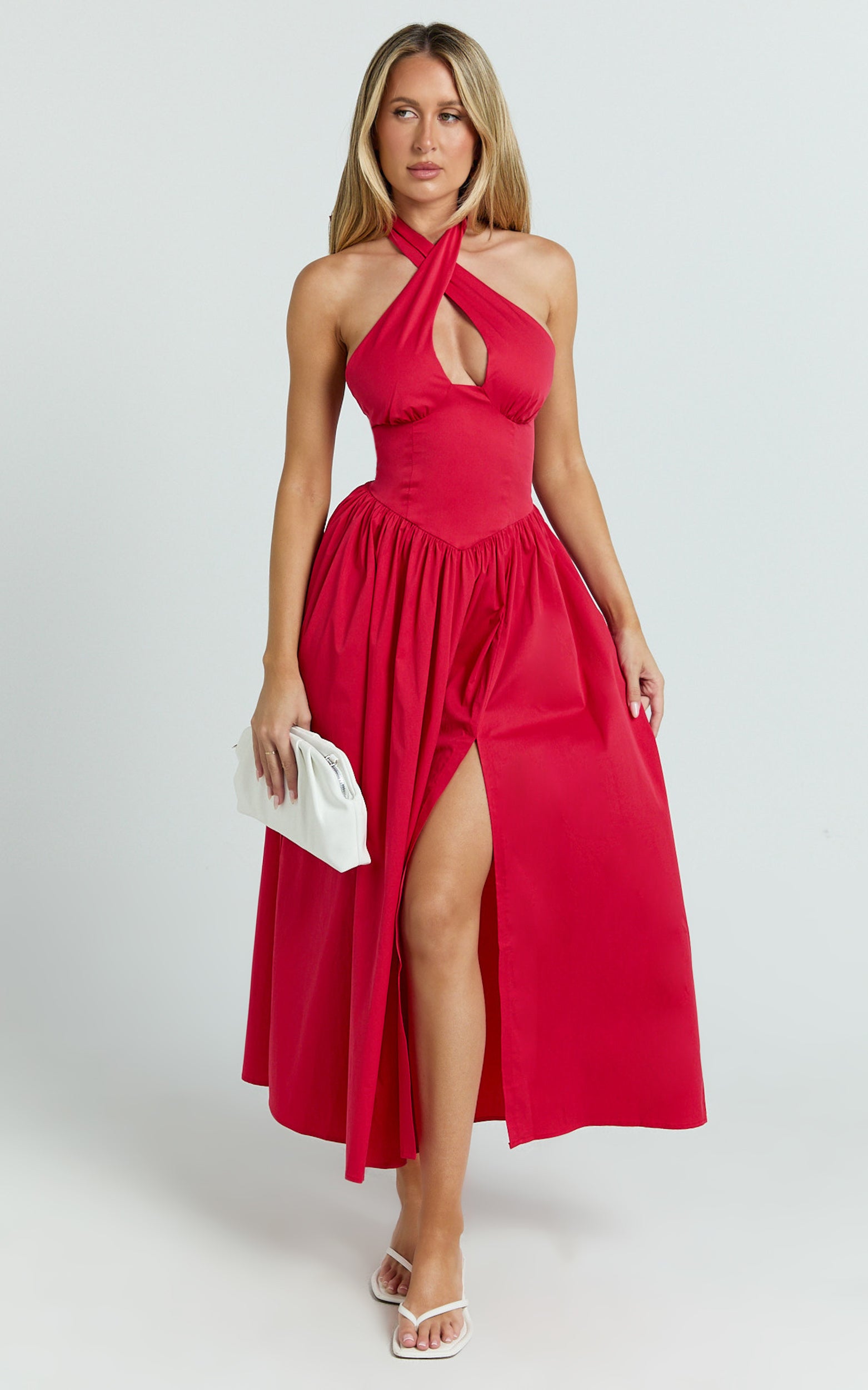 Keyhole Halter With V Yoke Dress in Red - Urban Luxe Apparel
