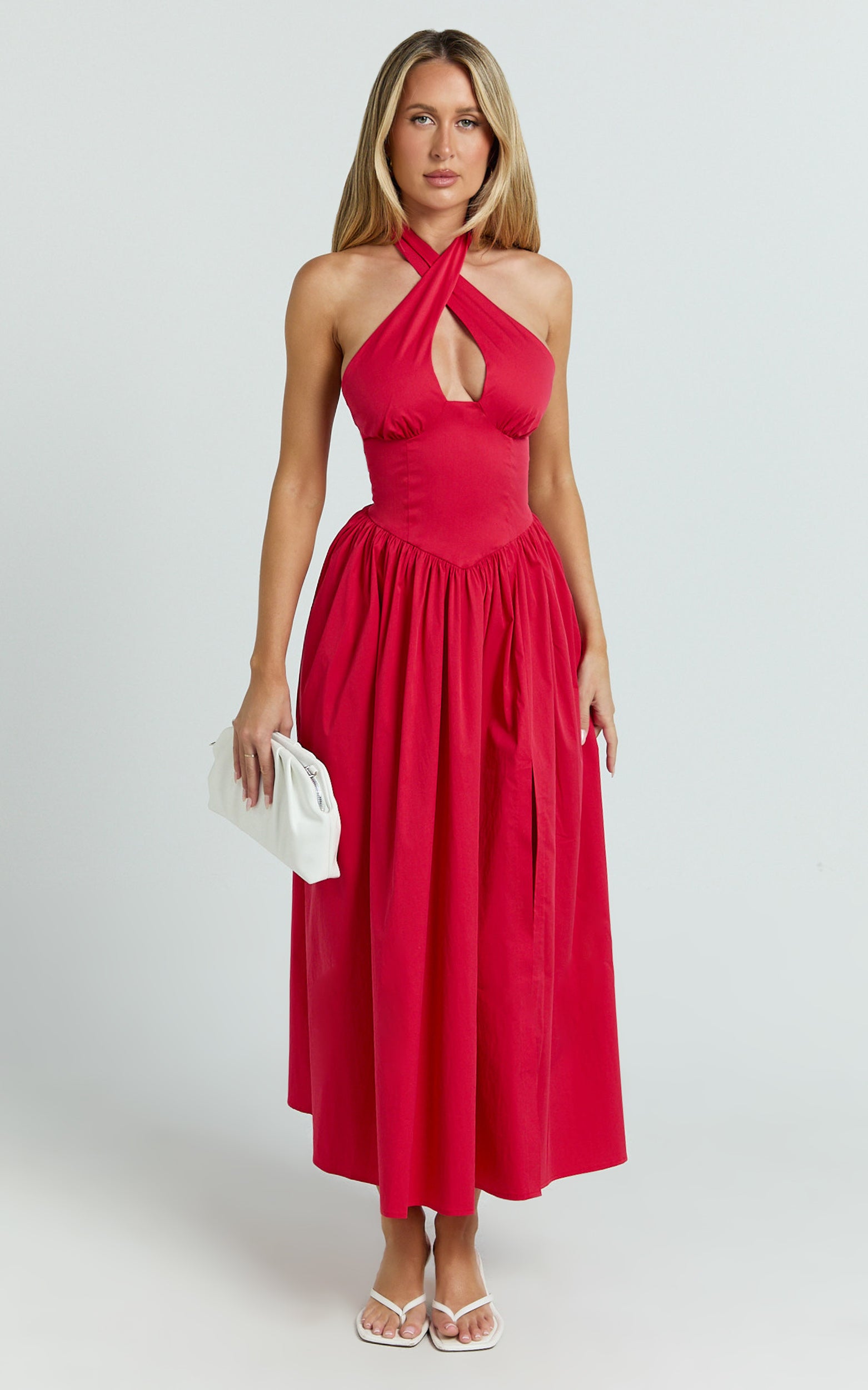 Keyhole Halter With V Yoke Dress in Red - Urban Luxe Apparel