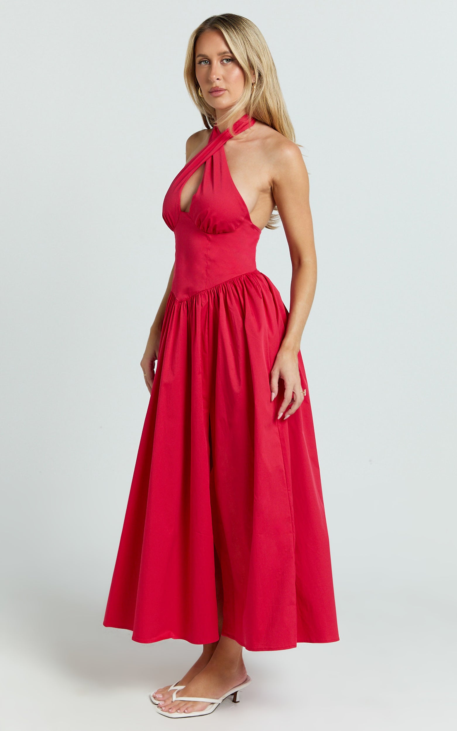 Keyhole Halter With V Yoke Dress in Red - Urban Luxe Apparel