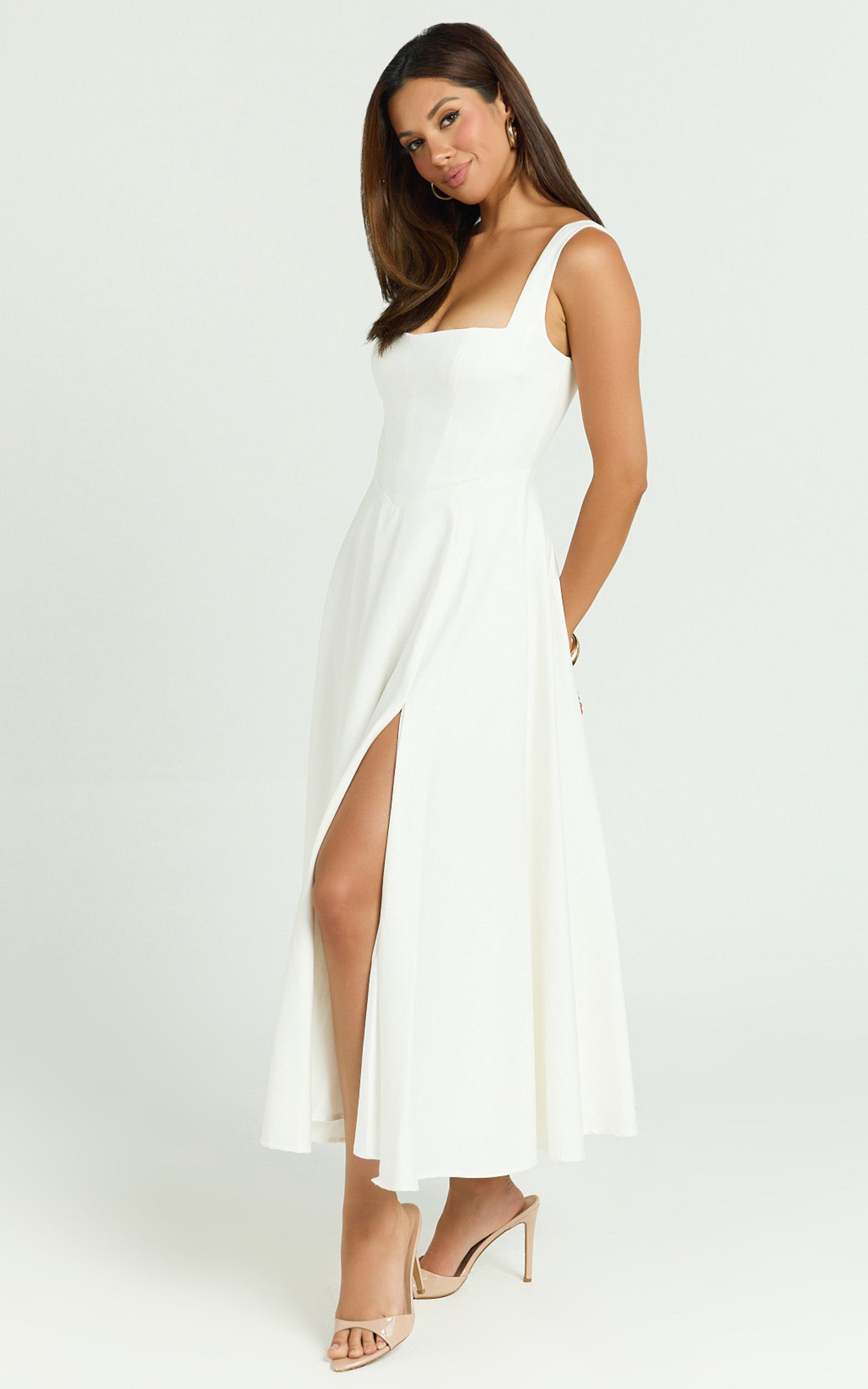 Square Neck Strapped Full Circle Skirt Dress in White - Urban Luxe Apparel