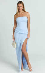 Strapless Jacquard High Split Dress in Blue