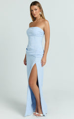 Strapless Jacquard High Split Dress in Blue