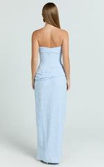 Strapless Jacquard High Split Dress in Blue