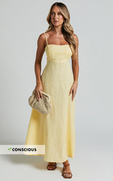 Linen Straight Neck Strappy Fit And Flare Dress in Lemon - Urban Luxe Apparel