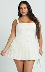 Boucle Square Neck Drop Waist Pleated Dress in Cream