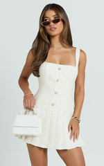 Boucle Square Neck Drop Waist Pleated Dress in Cream