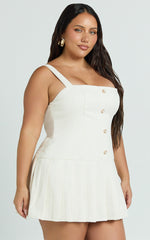 Boucle Square Neck Drop Waist Pleated Dress in Cream