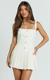 Boucle Square Neck Drop Waist Pleated Dress in Cream