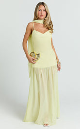 Linen Look Contrast Georgette Skirt with Neck Scarf in Lemon
