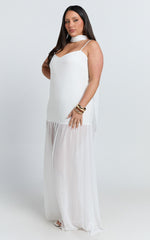 Linen Look Contrast Georgette Skirt with Neck Scarf in White