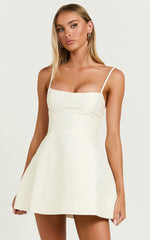 Scoop Neck Panel Bodice Dress in Off White