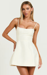 Scoop Neck Panel Bodice Dress in Off White