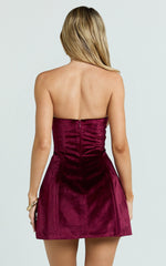 Velvet Strapless Fit And Flare Dress in Wine