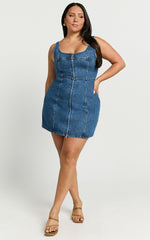 Square Neck Zip Front Sleeveless Bodycon Denim in Mid Blue Wash