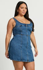 Square Neck Zip Front Sleeveless Bodycon Denim in Mid Blue Wash