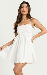Back Bow Babydoll Dress in White