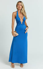 Halter U Ruched Neck Cut Out Jersey Dress in Blue